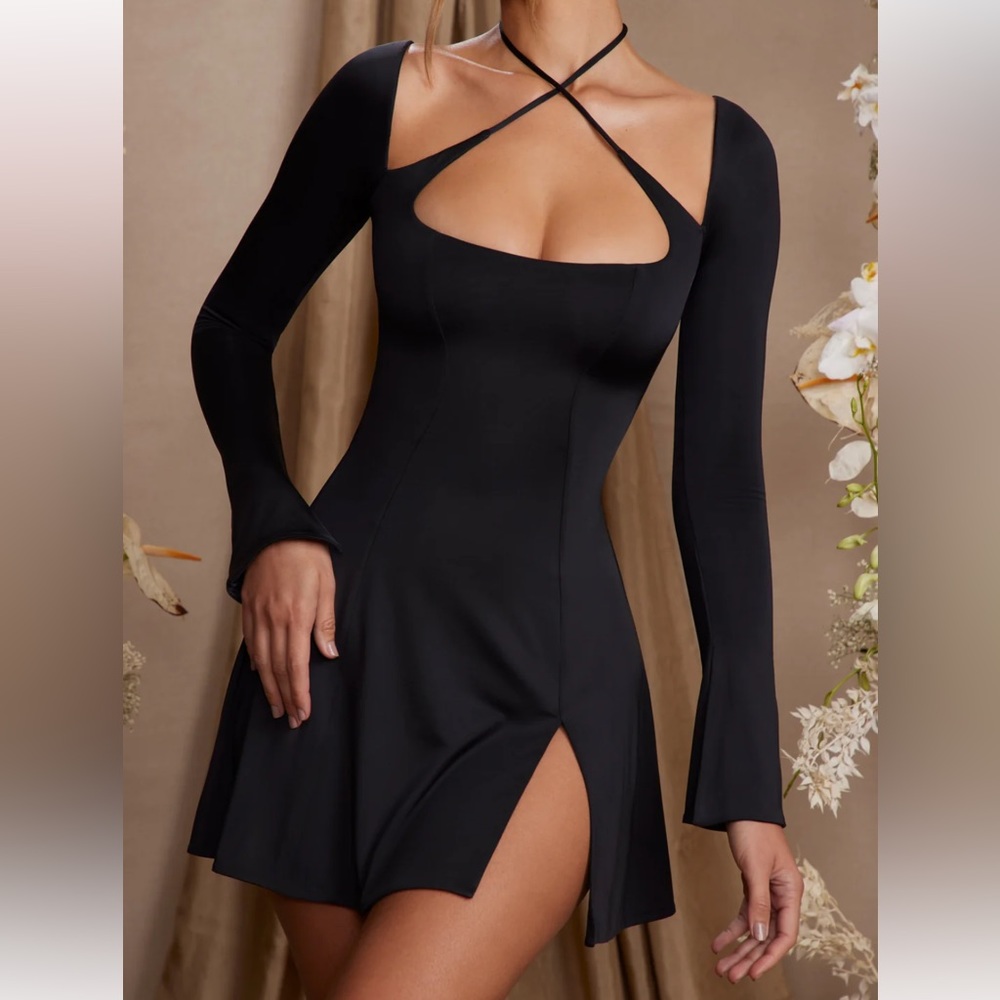 Oh Polly SALOME Long Sleeve Cross Over Strap Mini Dress in Black